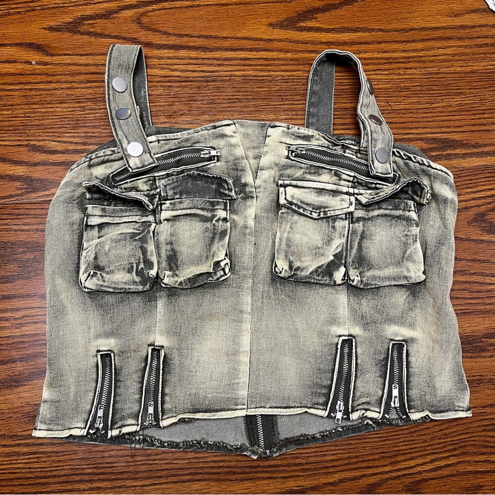 Fashion Nova Distressed Denim Corset Top with Zipper Details